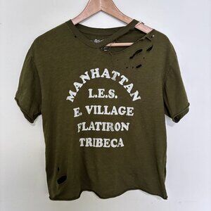 Anthropologie Retro Brand Distressed Khaki Manhattan Cropped Shirt
